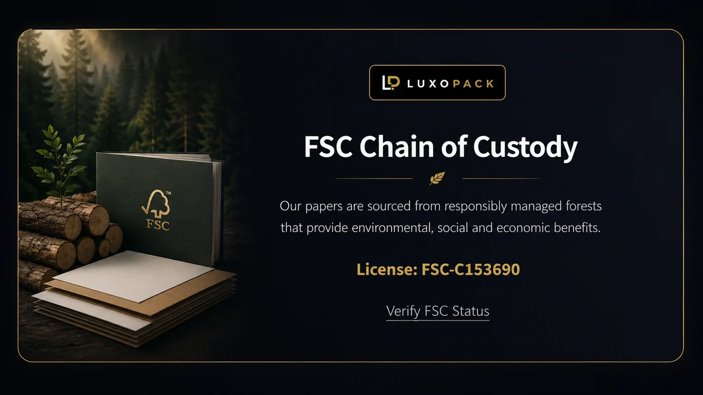 LuxoPack FSC Chain of Custody certification, License FSC-C153690 — paper sourced from responsibly managed forests