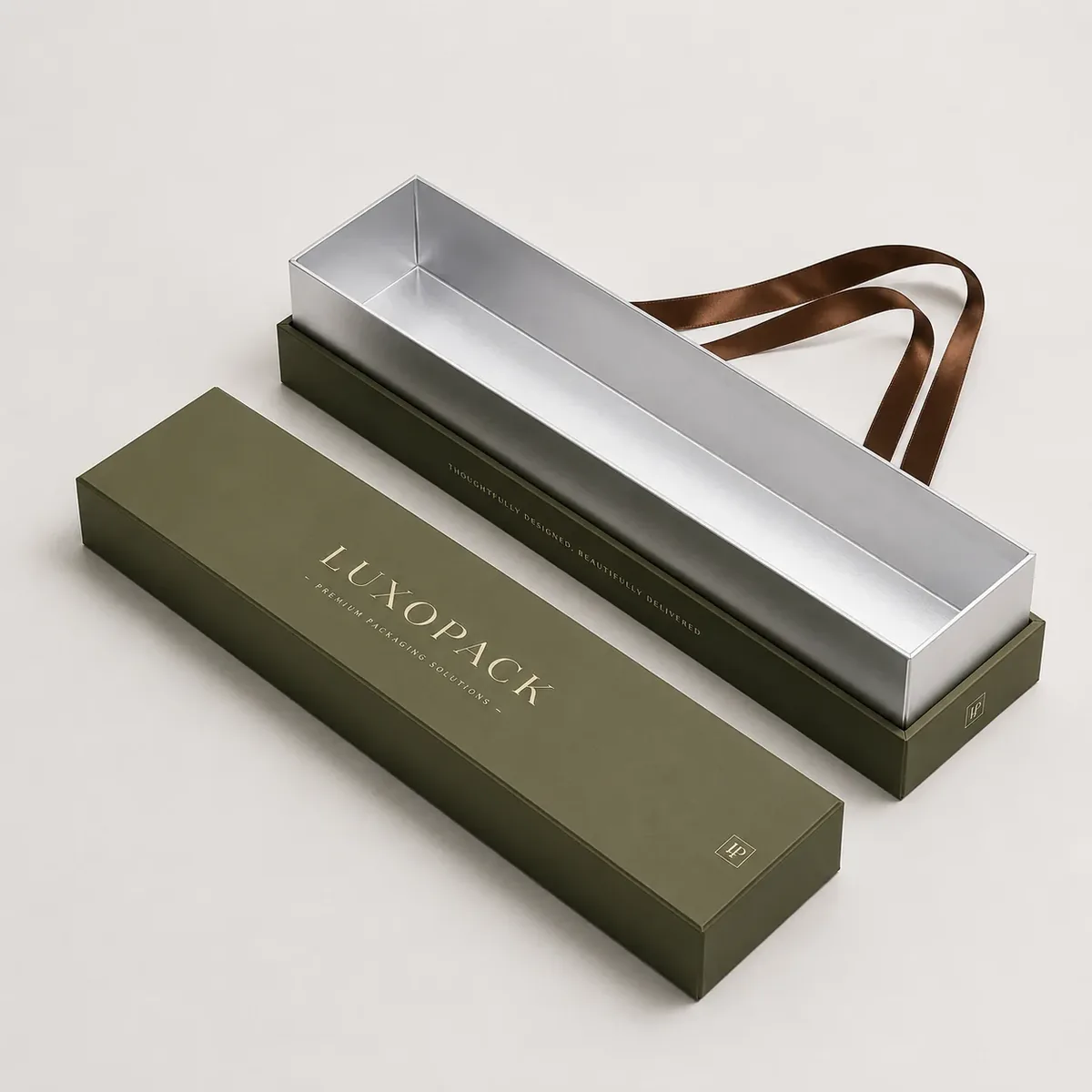 Elongated Ribbon Handle Gift Box olive green long lid and base satin handle packaging China factory direct